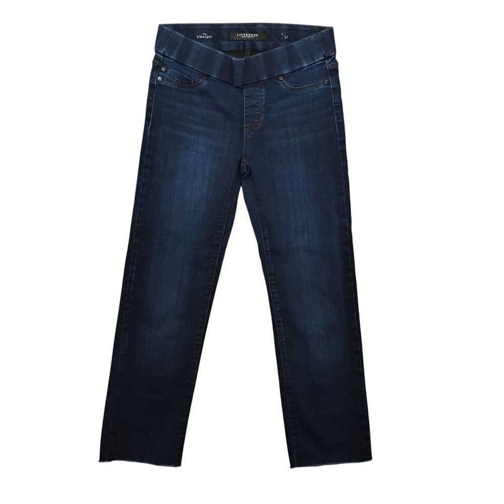 Liverpool The Straight Jeans Size 4/27 Dark Blue Wash Pull On Mock Pockets